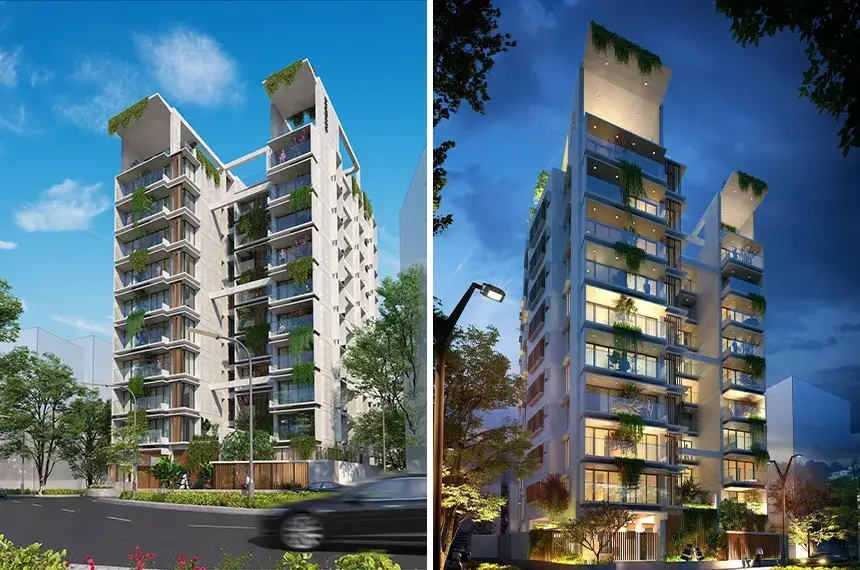 Luxury eco-friendly apartment building in Dhaka with green balconies – day and night views for apartment price guide.