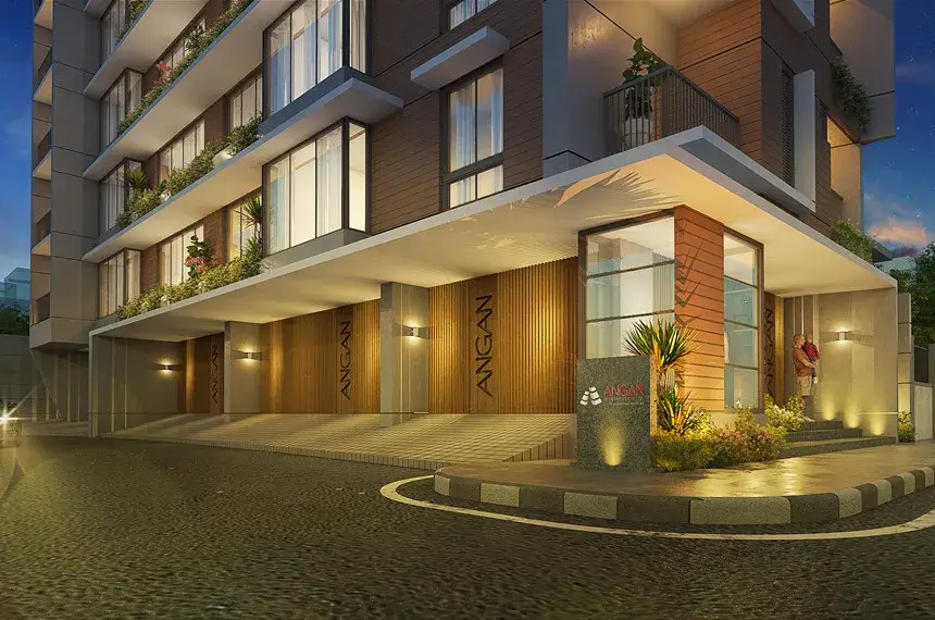 Complete guide on how to buy a flat in Dhaka 2026 with modern luxury apartment building entrance at night.