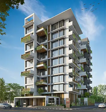 Luxury apartments in Bashundhara R/A, Dhaka – modern high-rise building with green balconies and premium design.
