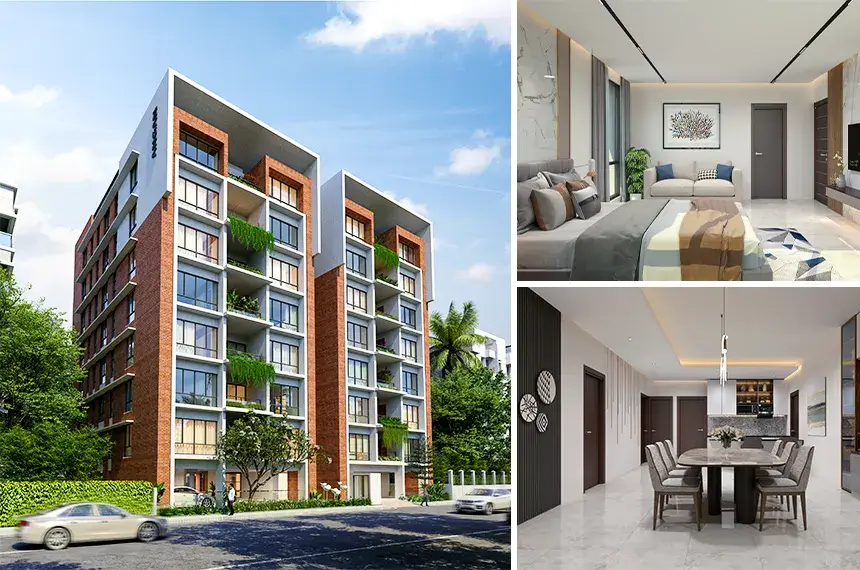 Luxury apartments in Dhaka – modern high-rise building with brick & white facade, green balconies and spacious interiors.