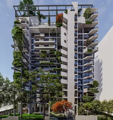 Luxury apartments in Gulshan, Dhaka – ultra-modern high-rise with extensive vertical gardens and green balconies under blue sky.