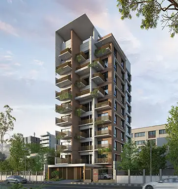 Luxury apartments in Mohammadpur, Dhaka – contemporary high-rise with vertical gardens and green balconies at golden hour.