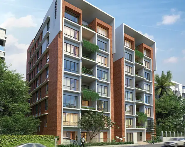 Real Estate Company Project – Contemporary Brick Apartment Building with Green Features Modern apartment building with red brick facade and green balconies for premium real estate company project.