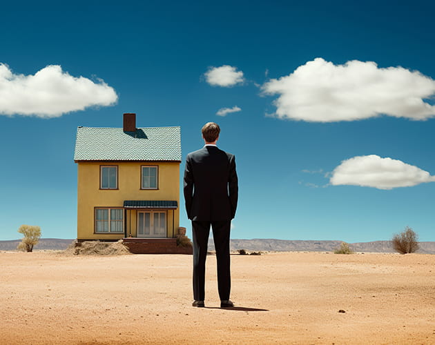 Real Estate Company Concept – Businessman and Isolated House in Desert Landscape Businessman in suit standing in desert facing isolated yellow house symbolizing real estate company opportunities.