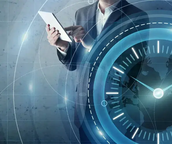 Real Estate Investment Time Management – Futuristic Digital Technology Concept Businessman using tablet with holographic global clock for real estate time management and investment planning.