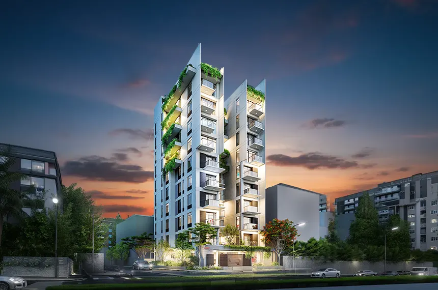 Flat price in Uttara, Dhaka – modern luxury high-rise apartment building with vertical green gardens at sunset.