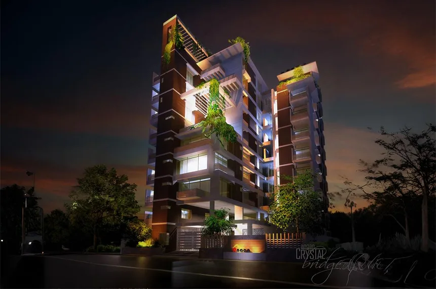 4 bedroom luxury apartment – ultra-modern high-rise tower illuminated at night with extensive vertical gardens and glowing facade