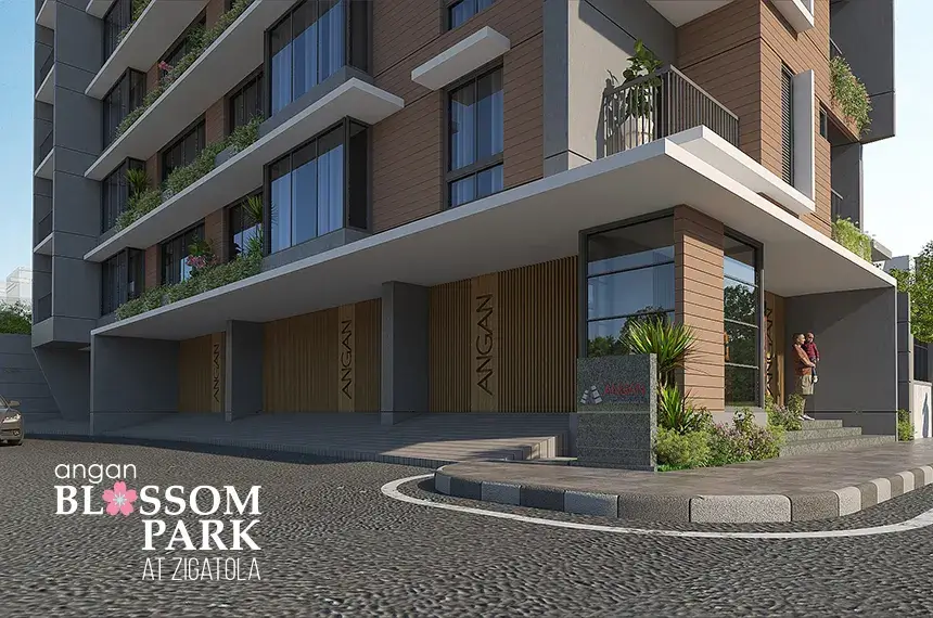 Flat price in Dhanmondi, Dhaka – modern luxury apartment tower Angan Blossom Park with vertical gardens, green balconies and premium brick-white facade under clear sky