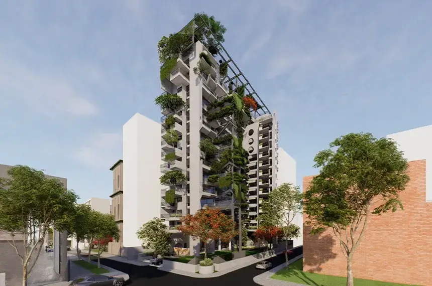 Luxury vs regular apartment in Dhaka – ultra-modern high-rise with extensive vertical gardens and premium facade vs standard residential building