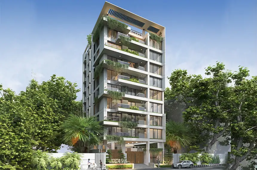 4 bedroom luxury apartment – modern high-rise tower with vertical gardens, large balconies and premium facade under clear blue sky