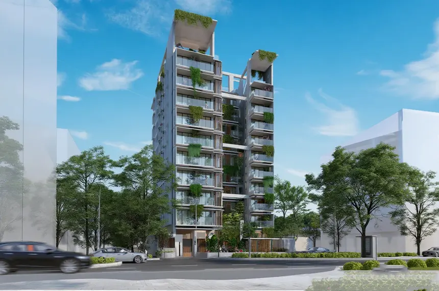 4 bedroom luxury apartment – contemporary high-rise residential tower with lush vertical gardens and premium glass facade under blue sky